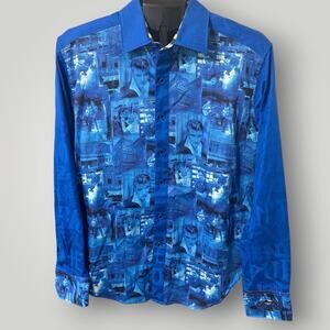 Rare Robert Graham Elvis Presley Patch Button Down Shirt Mens Size M Blue